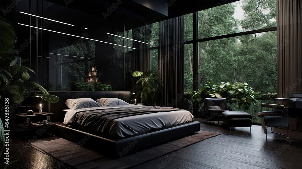 Czarna elegancka nowoczesna sypialnia z dużymi oknami - obrazy, fototapety, plakaty 