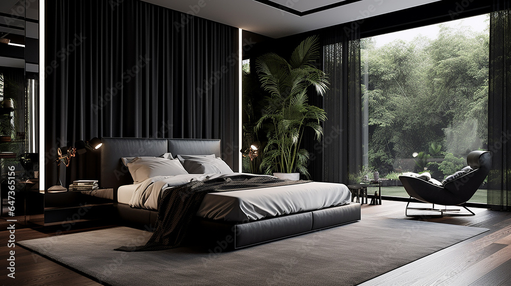Czarna elegancka nowoczesna sypialnia z dużymi oknami - obrazy, fototapety, plakaty 