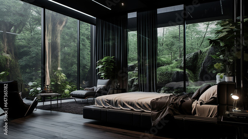 Czarna elegancka nowoczesna sypialnia z dużymi oknami photo
