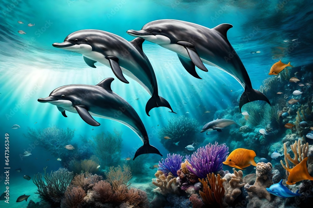 Dolphins and a reef undersea environment. electronic collage images Dolphins and a reef undersea environment. electronic collage images