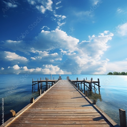 a serene coastal image with a wooden dock stretching out into calm waters