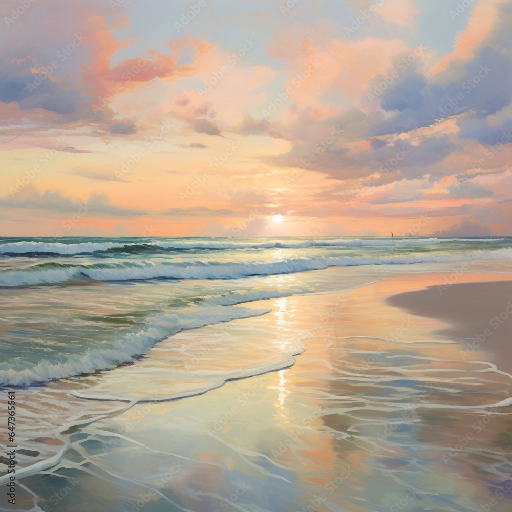 a serene coastal sunset with soft pastel colors