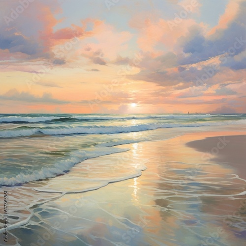 a serene coastal sunset with soft pastel colors