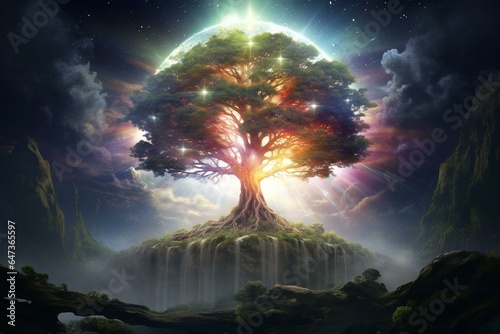 Enchanting wild tree radiating planetary energy. Generative AI