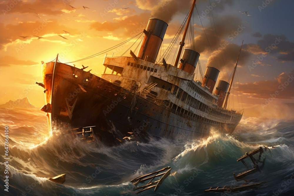 An artwork showing the famous shipwreck Titanic sailing in the ocean ...