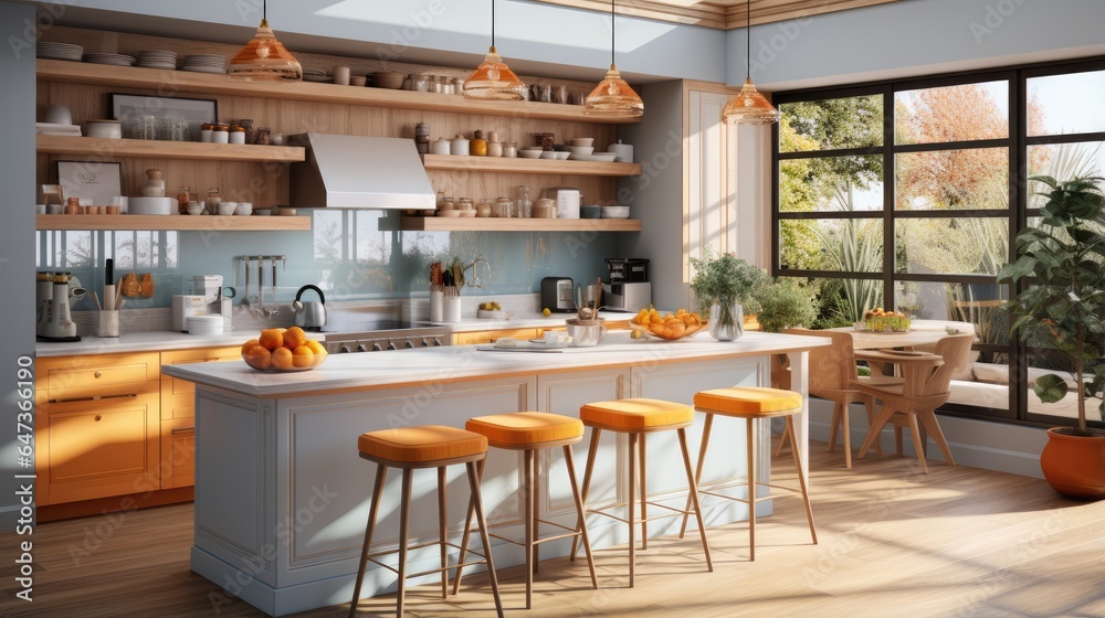 Beautiful modern kitchen interior, with bright shades