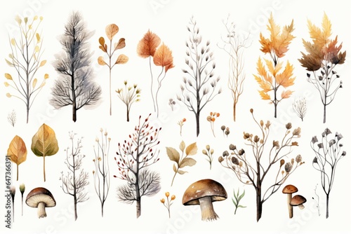 Artistic forest and woodland scenes featuring watercolor floral elements, mushrooms, Christmas trees, stumps, and birch trees. Perfect for wall decor and nursery fall themes. Generative AI