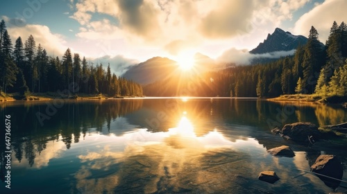 Beautiful spring sunrise on a mountain lake