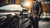 Elegant Driver in Suit Next to a Luxury Car: Close-up View. Generative ai