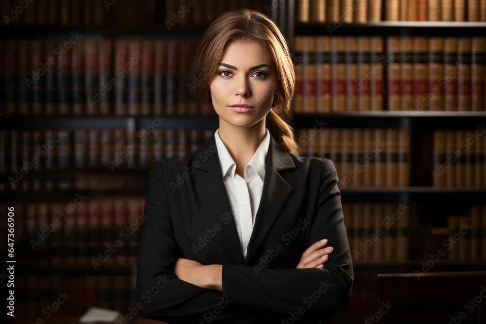 Confident lawyer woman, book shelf background. AI generated Confident lawyer woman, book shelf background. AI generated