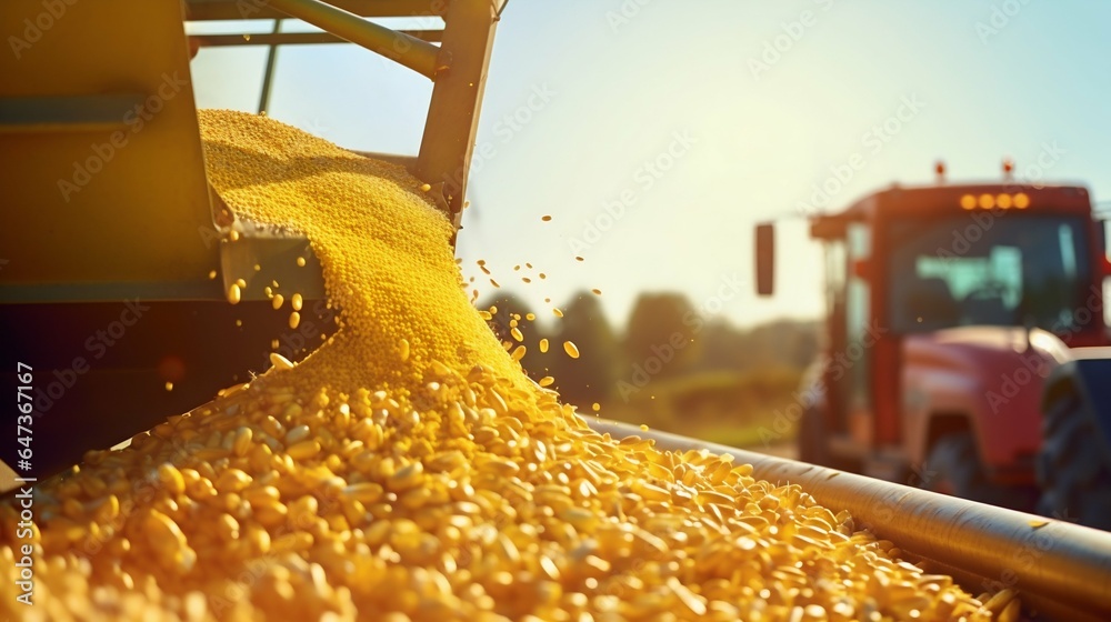 Harvester Unloading Fresh Corn Maize Seeds into Trailer. Generative ai - obrazy, fototapety, plakaty 