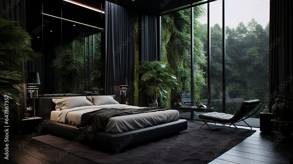 Czarna elegancka nowoczesna minimalistyczna sypialnia z dużymi oknami - obrazy, fototapety, plakaty 