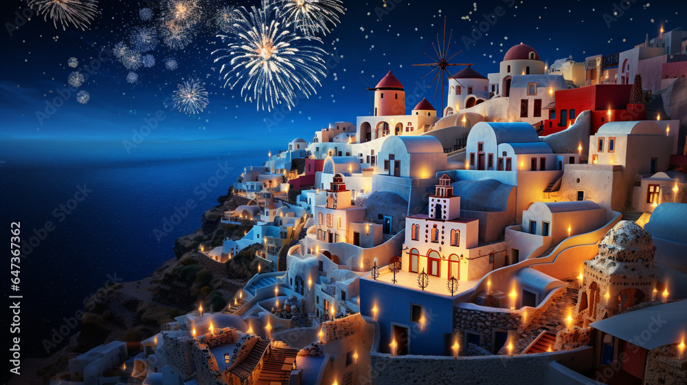 Abstract background Santorini in New year and firework theme on winter in paper art and craft design concept. Created using generative AI. - obrazy, fototapety, plakaty 