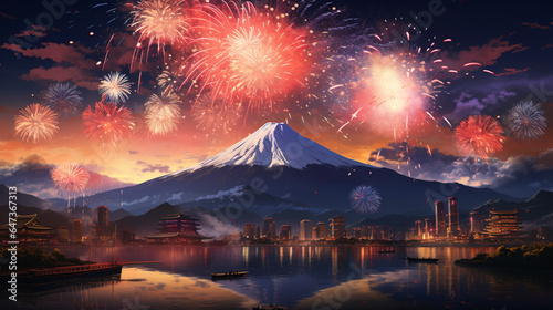 New year and firework wallpaper in paper art and craft design concept with Mt.Fuji background and firework. Created using generative AI.