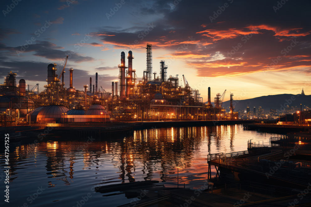 An oil refinery plant operates in the desert during evening twilight, symbolizing energy production in the petroleum gas industry. Generative AI.