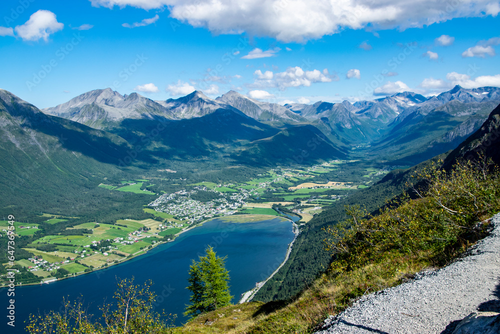 Åndalsnes, view on Romsdal mountains and the fjord from Nesaksla mountain, upper station of the Romsdalen Gondola. 