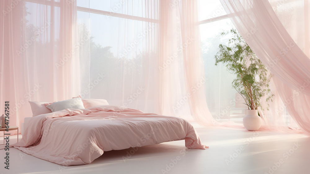 Jasne wnętrze pokoju sypialnia z łóżkiem i różowymi firanami  - obrazy, fototapety, plakaty 