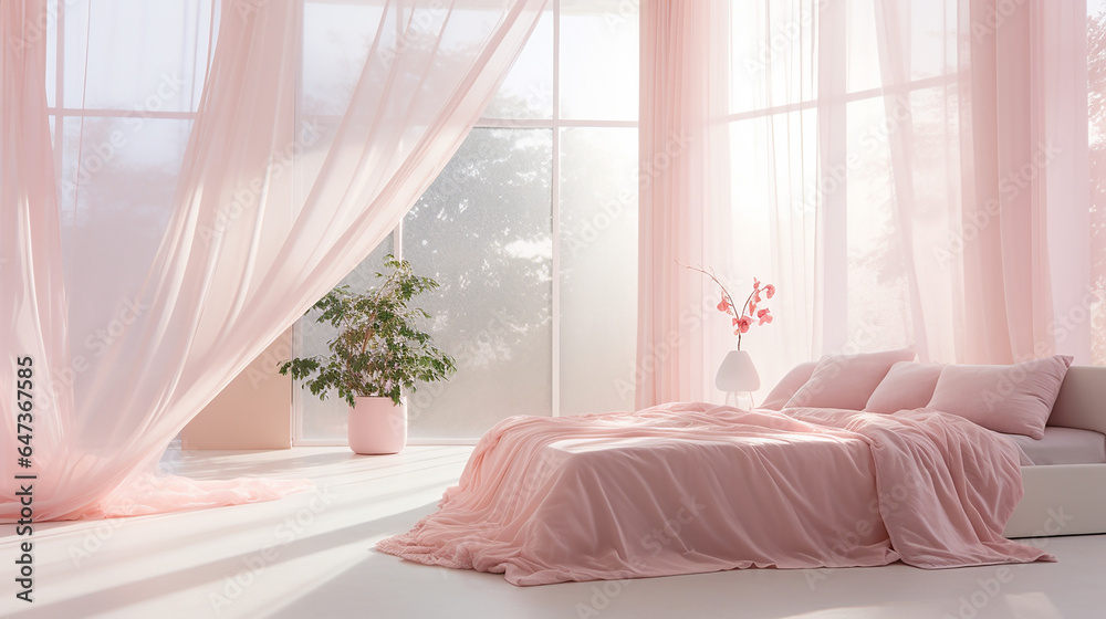 Jasne  wnętrze pokoju sypialnie z łóżkiem i różowymi firanami i  - obrazy, fototapety, plakaty 