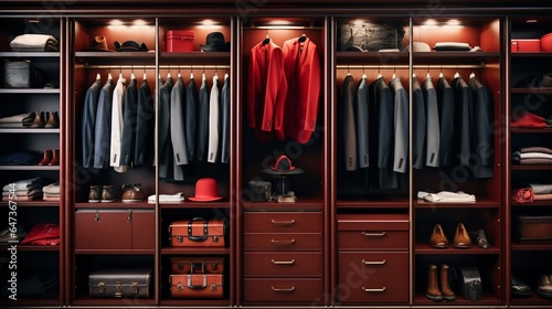 Elegant Interior of a Luxury Male Wardrobe Showcasing Expensive Attire. Generative ai