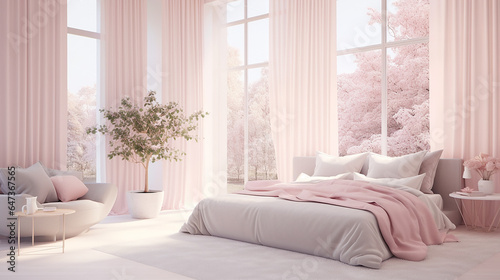 Jasne wnętrze pokoju sypialnie z łóżkiem i różowymi firanami i 