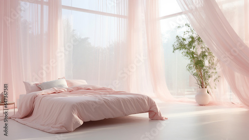 Jasne wnętrze pokoju sypialnia z łóżkiem i różowymi firanami 
