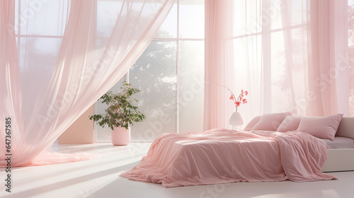 Jasne wnętrze pokoju sypialnie z łóżkiem i różowymi firanami i 