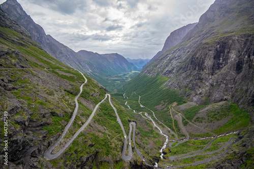 Trollstigen, Norway: upper view of the scenic bendy route  along precipitous mountains.