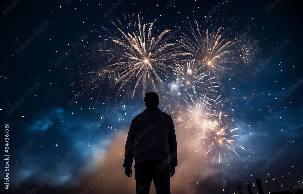 Young man standing in the park and watching the fireworks, celebration event