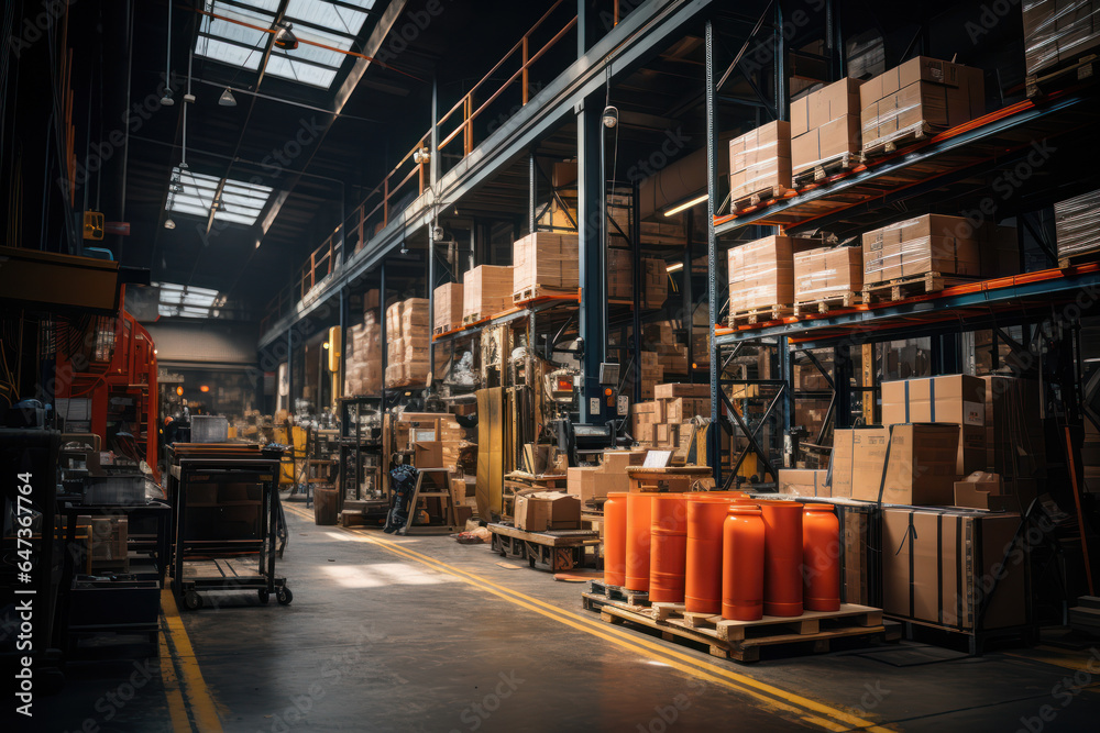 A large warehouse with pallet racks, goods, a forklift, and cargo distribution is shown. Generative Ai. A large warehouse with pallet racks, goods, a forklift, and cargo distribution is shown. Generative Ai.