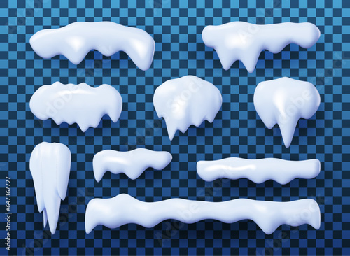 3D Set of Snow Shapes Isolated. Render Collection of Snowdrifts. Piles of Snow Icicles. Snow Caps Different Sides. Merry Christmas Holiday. New Year and Xmas Celebration. Vector Illustration