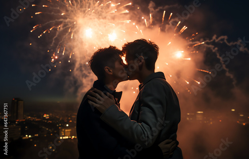 Young gay couple kissing together with fireworks in background, celebration event