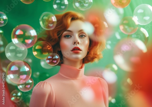 A beautiful dreamy portrait of a redheaded woman celebrating the new year with a festive bubble-filled fashion statement