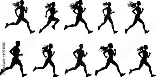 Set of silhouettes of running men and women. Run, runner, sport. ai generated illustration