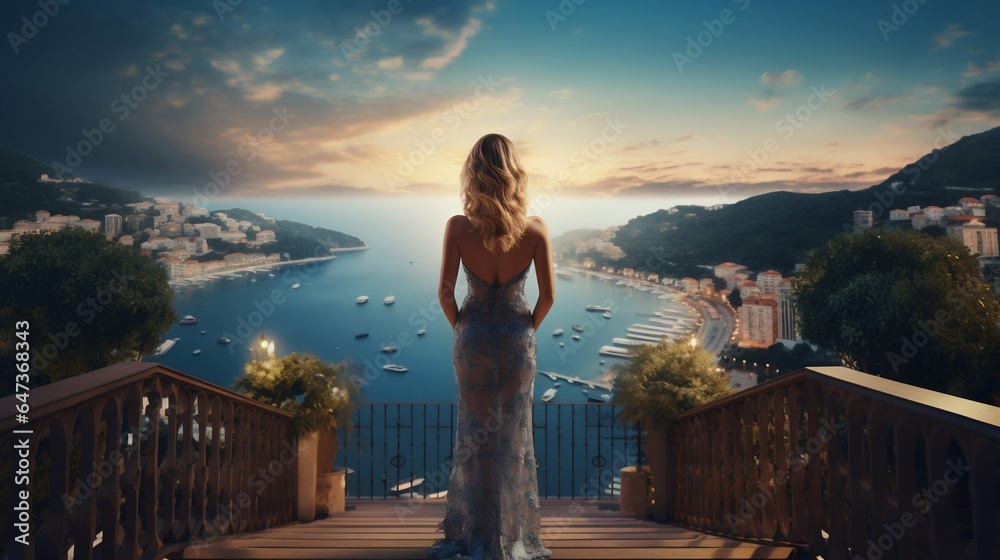 Fototapeta premium Successful Woman Admiring Panoramic View from Luxury Balcony. Generative ai