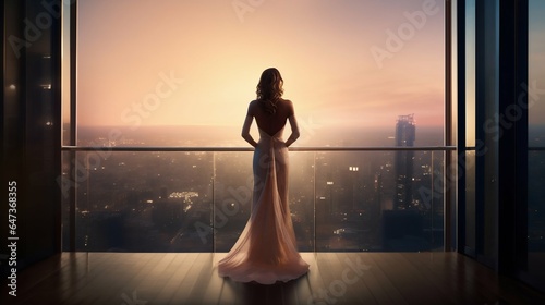 Successful Woman Admiring Panoramic View from Luxury Balcony. Generative ai © Scrudje