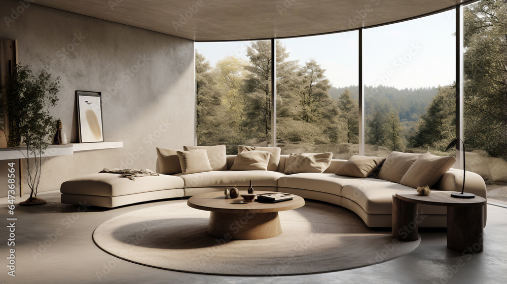 Fototapeta premium modern cozy minimal living room interior with fluffy sofa and bookshelve.