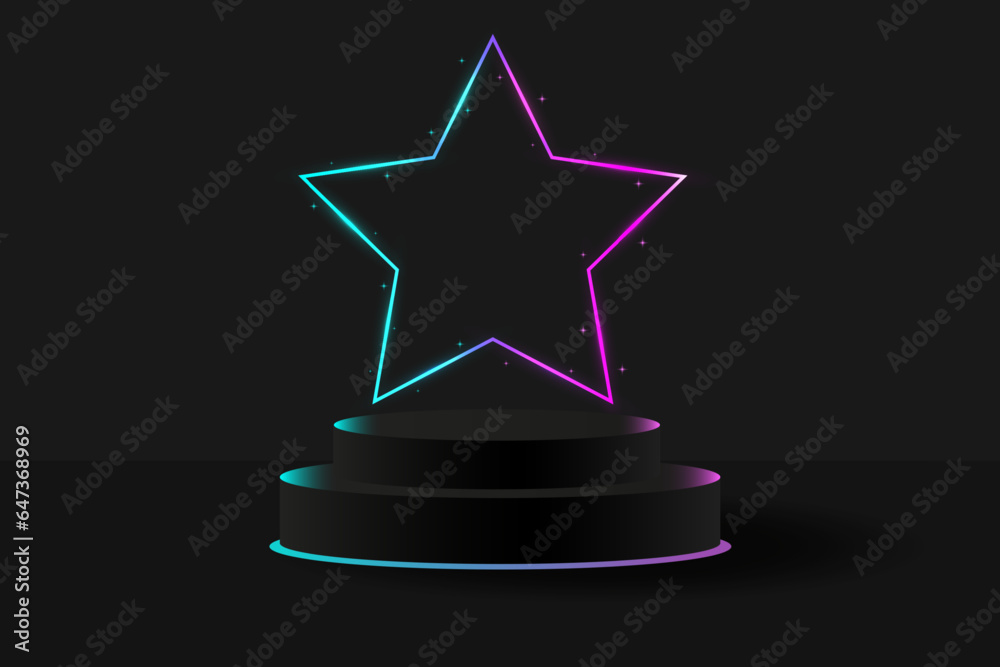 Black 3D podium with a multi-colored glowing neon star. Banner for demonstrating products, promotions, discounts, sales, Black Friday. Product mockup. Banner with neon scene. Black 3D podium with a multi-colored glowing neon star. Banner for demonstrating products, promotions, discounts, sales, Black Friday. Product mockup. Banner with neon scene.