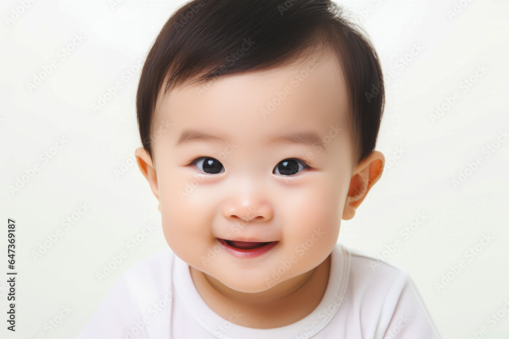 a asian child with curly hair wearing a white t-shirt on a white background a asian child with curly hair wearing a white t-shirt on a white background