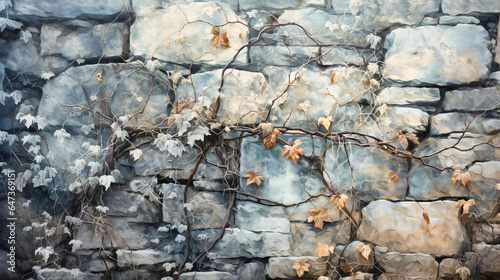 Winter vines creeping over a stone wall,