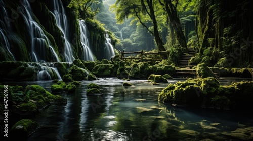 Beautiful view of the long waterfall exposure in green nature