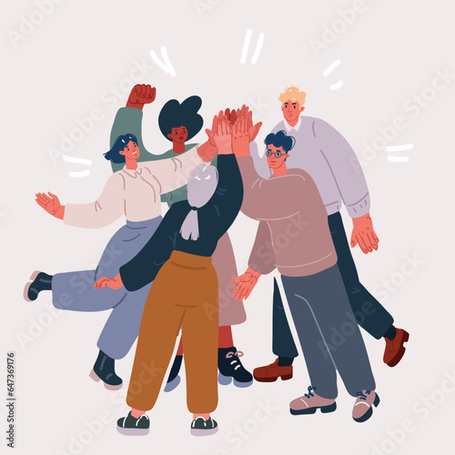 Vector illustration of Celebrating International friendship day concept. Group of young positive people doing high five together, young generation celebrating social event holiday.