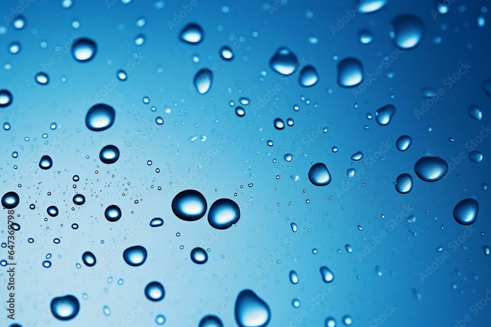 Water droplets on sleek texture, background in blue. Generative AI