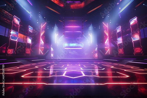 Massive contemporary game show arena enveloped in misty fog and illuminated by vibrant neon lights. Generative AI