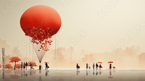 colored aerostat, Balloon on a neutral background with clouds. Illustration with celestial transport for people, air travel, banner with copy space