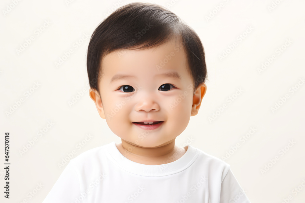 a asian child with curly hair wearing a white t-shirt on a white background