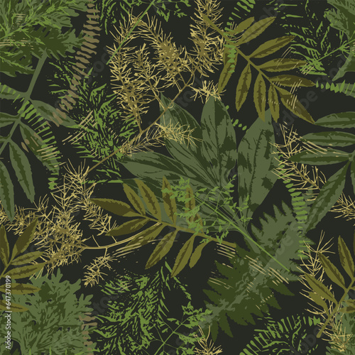 Camouflage green pattern with leaves, foliage, grass. Grunge rough silhouette of nature elements, motifs. Dark illustration for t shirt design, textile, sport clothing, goods.