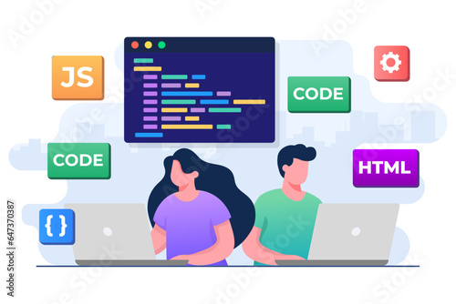 Web developer wiring code or program using laptop, Computer programming, Java, HTML symbols, Web design, Software, application design, programming languages, developing, website, programmer