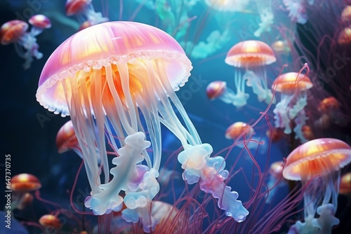 Surreal abstract artwork. 3D rendering depicting colorful background and soft forms with jellyfish in the ocean. Generative AI