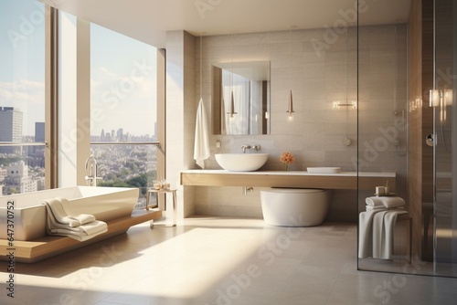 Modern bathroom with tiled surfaces, contemporary fixtures and furnishings. Generative AI