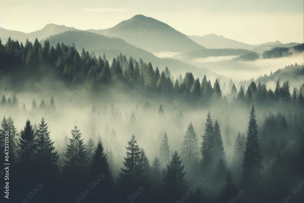 Mountain Mist: Hipster Retro Landscape with Fir Forest and Misty Morning Fog